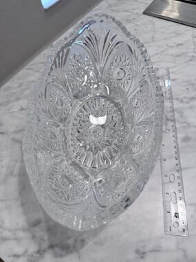 Vintage Oval Pressed Glass Centerpiece Bowl Starburst Fan Pattern Crystal  12”